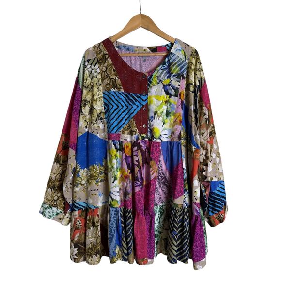 Conditions Apply Risa Patchwork Boho Blouse Tiered Button Front Women’s Size 3X - Picture 2 of 9